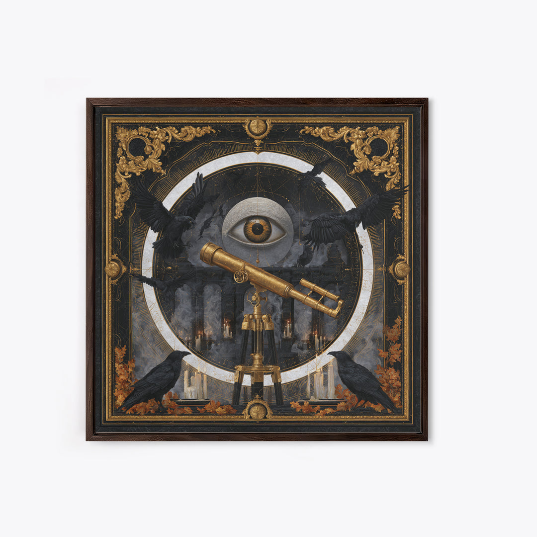 The Midnight Raven Observatory - Icon Portrait, Spooky Wall Decor, Square Wall Art, Framed Canvas Print, Halloween Home Decor