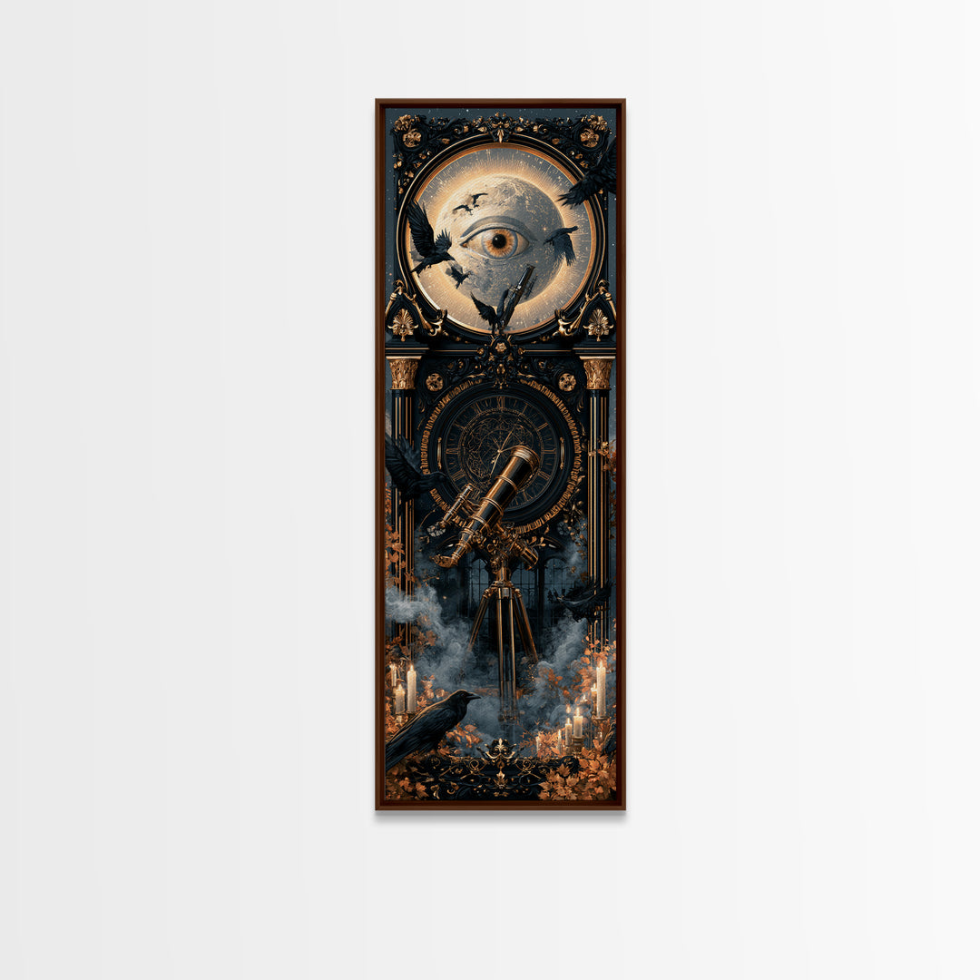 The Midnight Raven Observatory - Icon Portrait, Macabre Halloween Art, Tall Narrow Wall Art, Framed Canvas Print, Halloween Home Decor