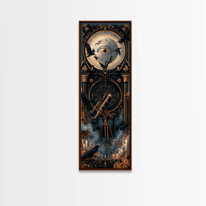 The Midnight Raven Observatory - Icon Portrait, Macabre Halloween Art, Tall Narrow Wall Art, Framed Canvas Print, Halloween Home Decor