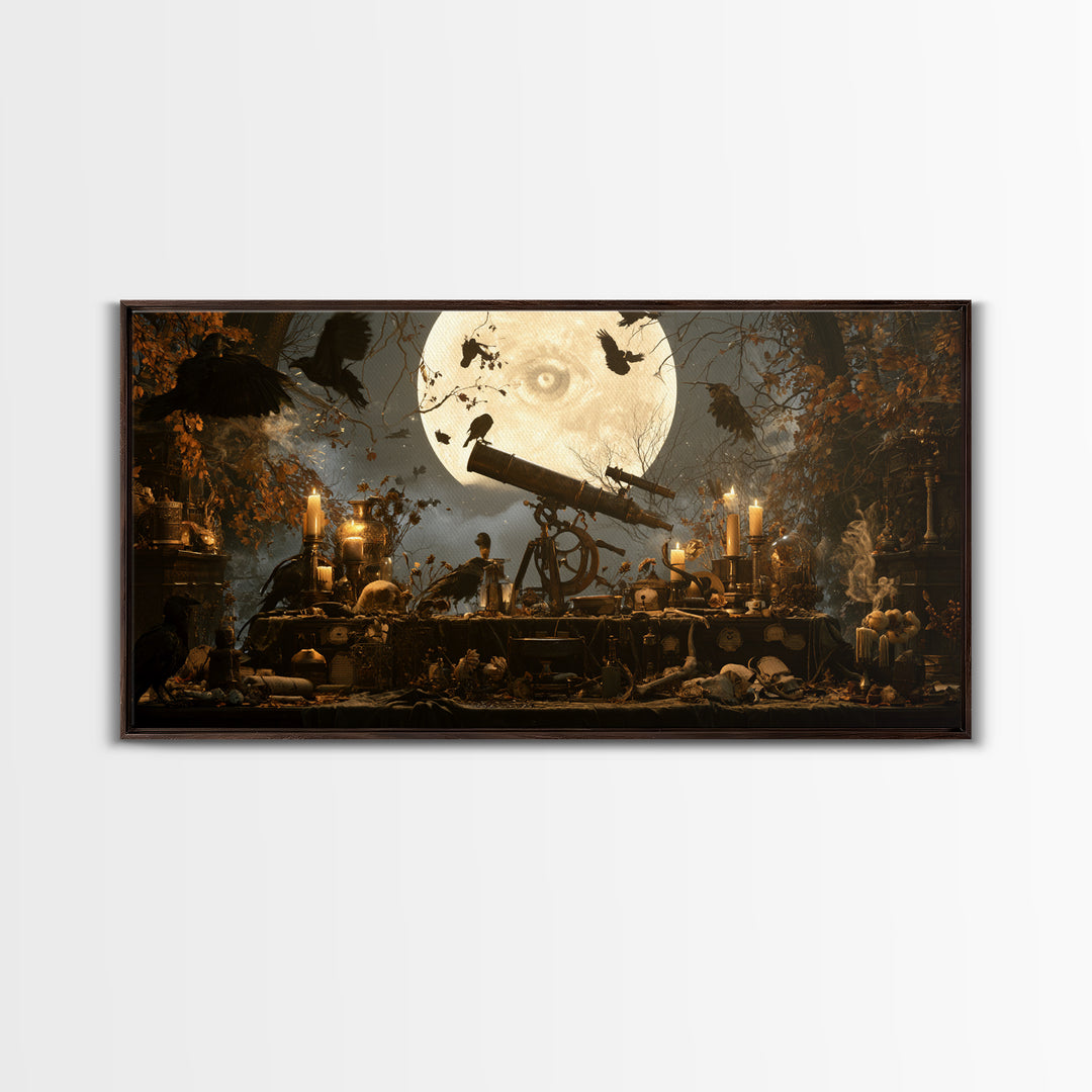 The Midnight Raven Observatory - Occult Still Life, Gothic Home Decor, Wide Panoramic Art, Canvas Print, Halloween Home Decor