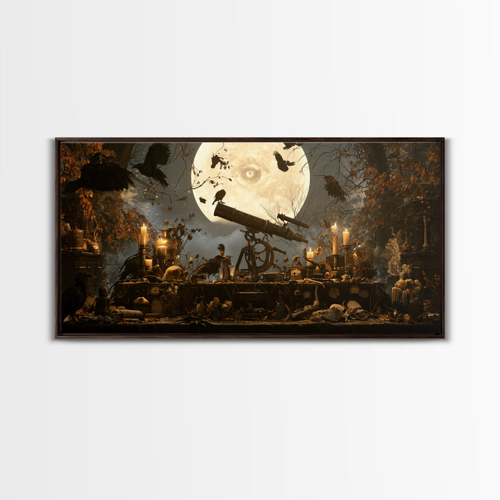 The Midnight Raven Observatory - Occult Still Life, Gothic Home Decor, Wide Panoramic Art, Canvas Print, Halloween Home Decor