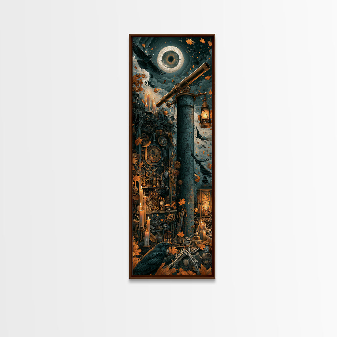 The Midnight Raven Observatory - Occult Still Life, Spooky Wall Decor, Tall Narrow Wall Art, Framed Canvas Print, Halloween Home Decor
