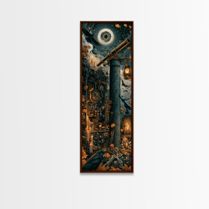 The Midnight Raven Observatory - Occult Still Life, Spooky Wall Decor, Tall Narrow Wall Art, Framed Canvas Print, Halloween Home Decor