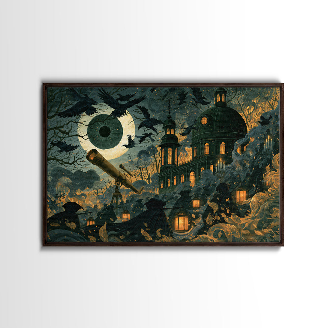 The Midnight Raven Observatory - Procession Scene, Halloween Wall Art, Landscape Wall Art, Framed Canvas Print, Halloween Home Decor