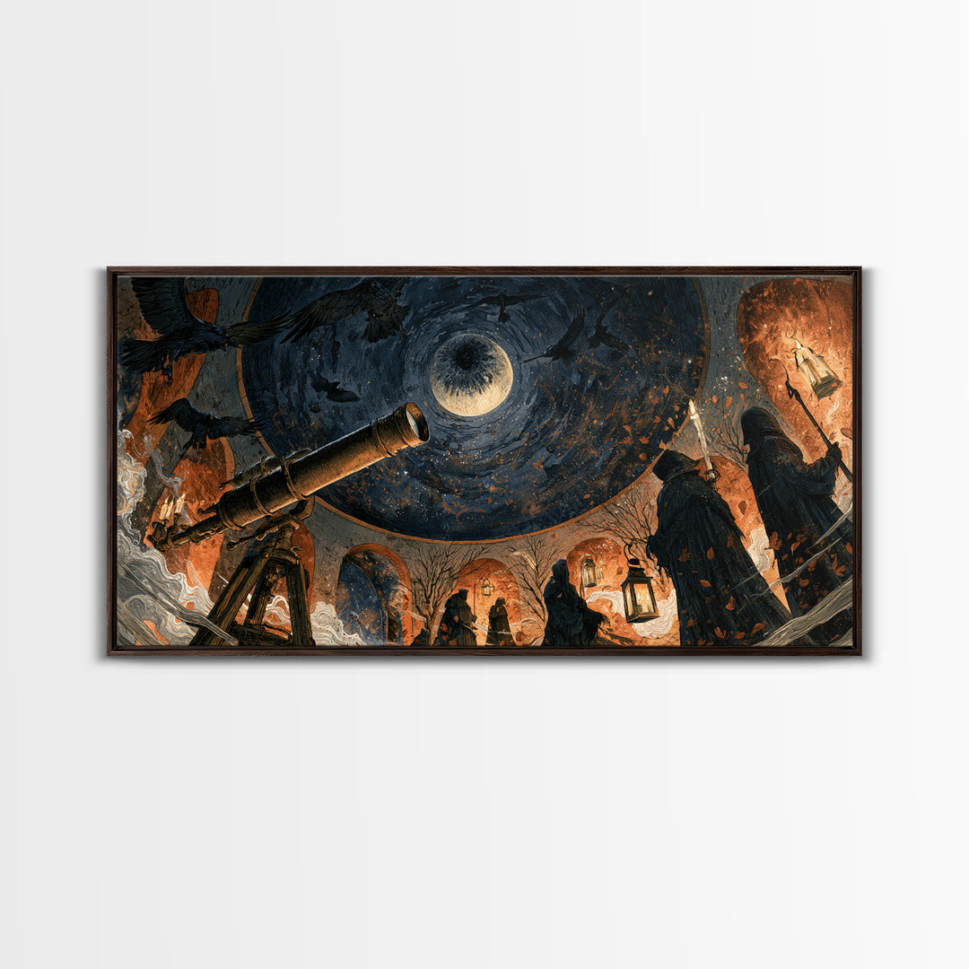 The Midnight Raven Observatory - Procession Scene, Spooky Wall Decor, Wide Panoramic Art, Framed Canvas Print, Halloween Home Decor