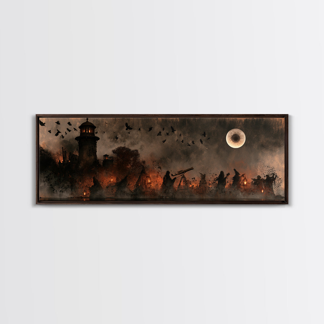 The Midnight Raven Observatory - Procession Scene, Macabre Halloween Art, Extra Wide Wall Art, Framed Canvas Print, Halloween Home Decor