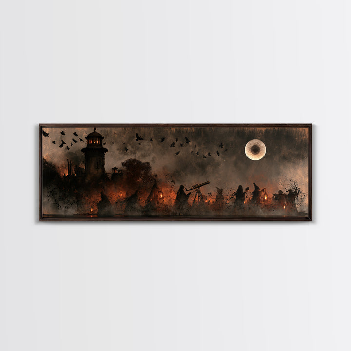 The Midnight Raven Observatory - Procession Scene, Macabre Halloween Art, Extra Wide Wall Art, Framed Canvas Print, Halloween Home Decor