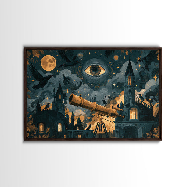 The Midnight Raven Observatory - Surreal Celestial Vision, Dark Fantasy Wall Art, Landscape Wall Art, Canvas Print, Halloween Home Decor