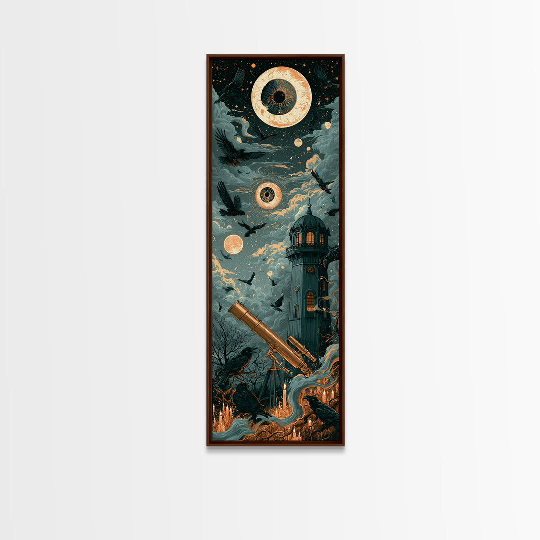 The Midnight Raven Observatory - Surreal Celestial Vision, Halloween Wall Art, Tall Narrow Wall Art, Framed Canvas Print, Gothic Wall Art