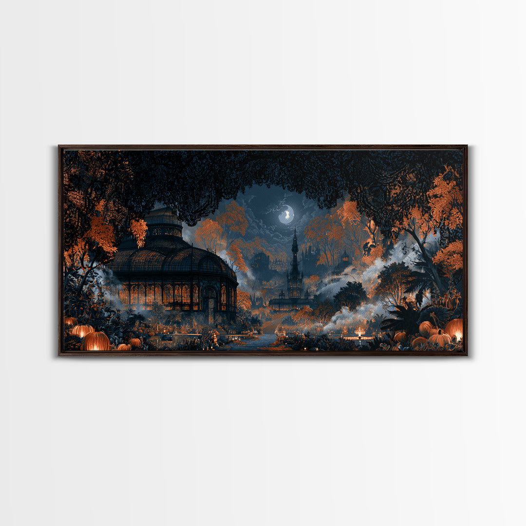 The Black Lace Haunted Conservatory - Environmental Panorama, Halloween Wall Art, Wide Panoramic Art, Framed Canvas Print, Gothic Wall Art
