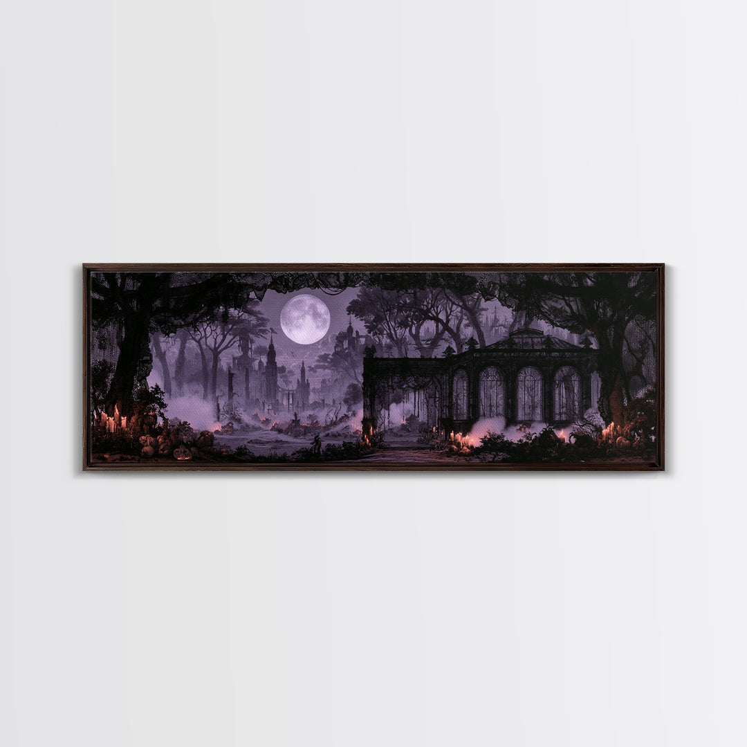 The Black Lace Haunted Conservatory - Environmental Panorama, Halloween Wall Art, Extra Wide Wall Art, Framed Canvas Print, Gothic Wall Art