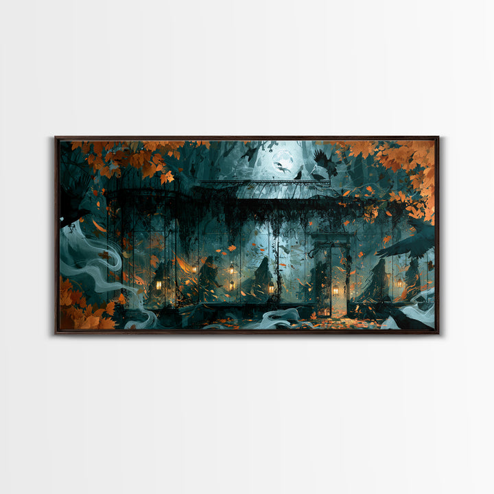 The Black Lace Haunted Conservatory - Procession Scene, Macabre Halloween Art, Wide Panoramic Art, Framed Canvas Print, Halloween Home Decor