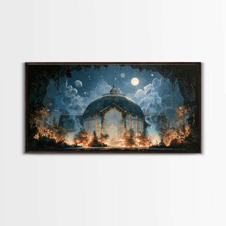 The Black Lace Haunted Conservatory - Surreal Celestial Vision, Occult Wall Decor, Wide Panoramic Art, Canvas Print, Halloween Home Decor