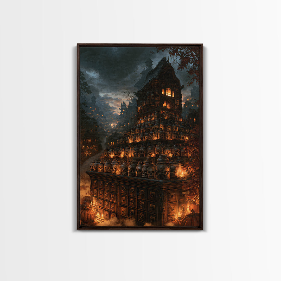 The Candlelit Skull Apothecary - Environmental Panorama, Halloween Wall Art, Vertical Wall Art, Framed Canvas Print, Halloween Home Decor