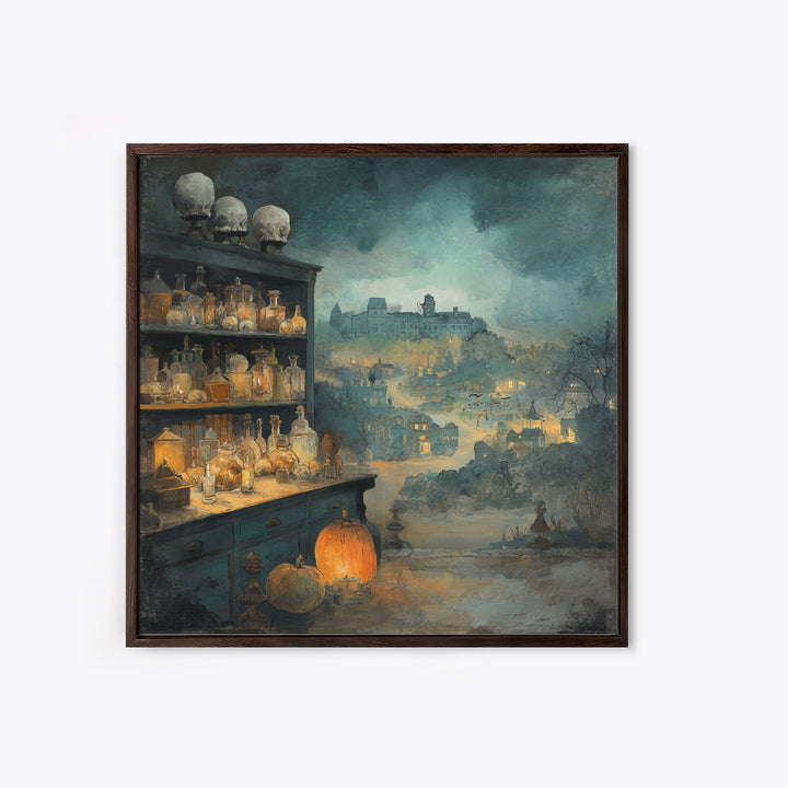The Candlelit Skull Apothecary - Environmental Panorama, Dark Fantasy Wall Art, Square Wall Art, Canvas Print, Halloween Home Decor