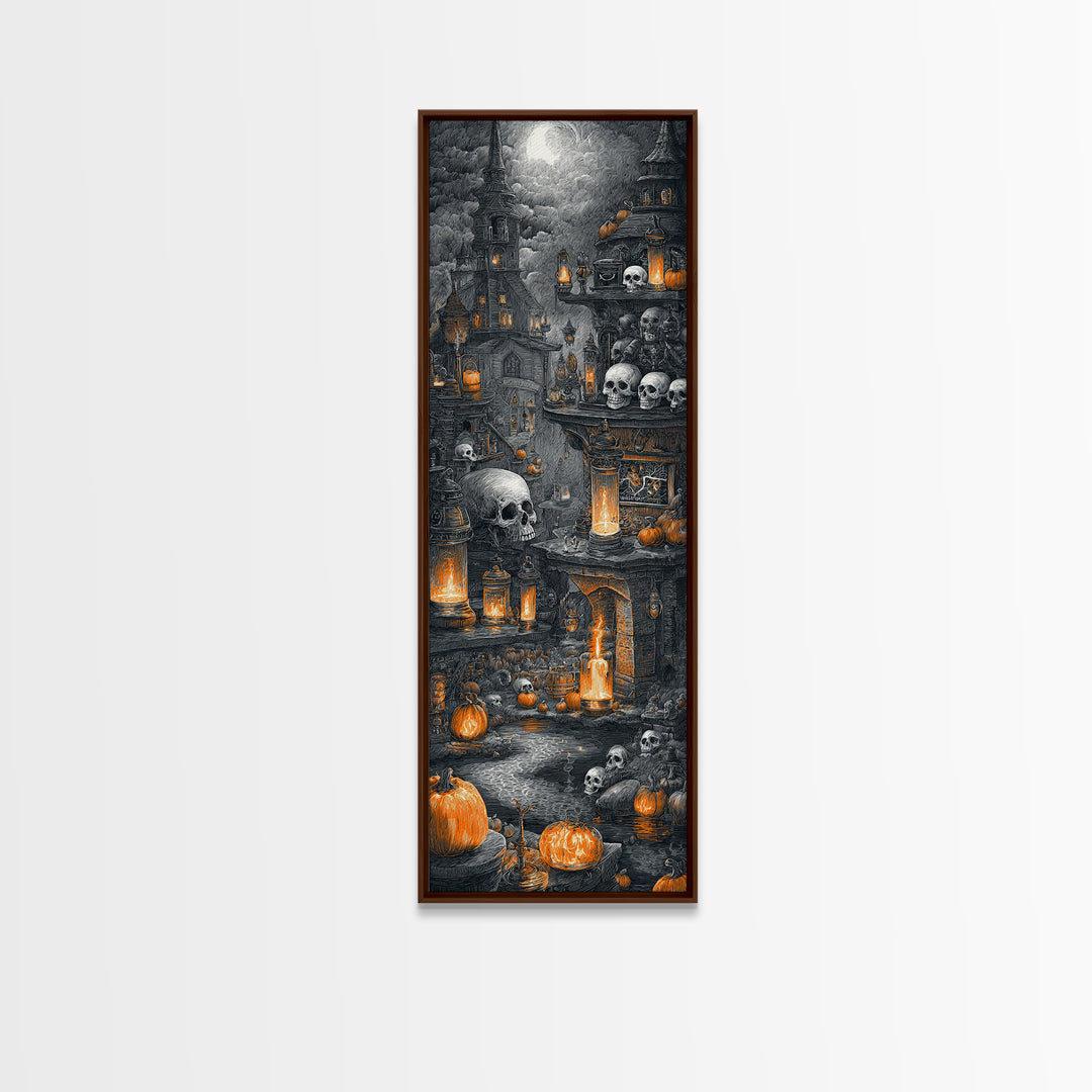 The Candlelit Skull Apothecary - Environmental Panorama, Macabre Halloween Art, Tall Narrow Wall Art, Framed Canvas Print, Gothic Wall Art