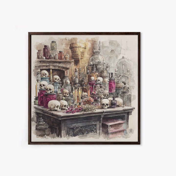 The Candlelit Skull Apothecary - Occult Still Life, Macabre Halloween Art, Square Wall Art, Framed Canvas Print, Halloween Home Decor