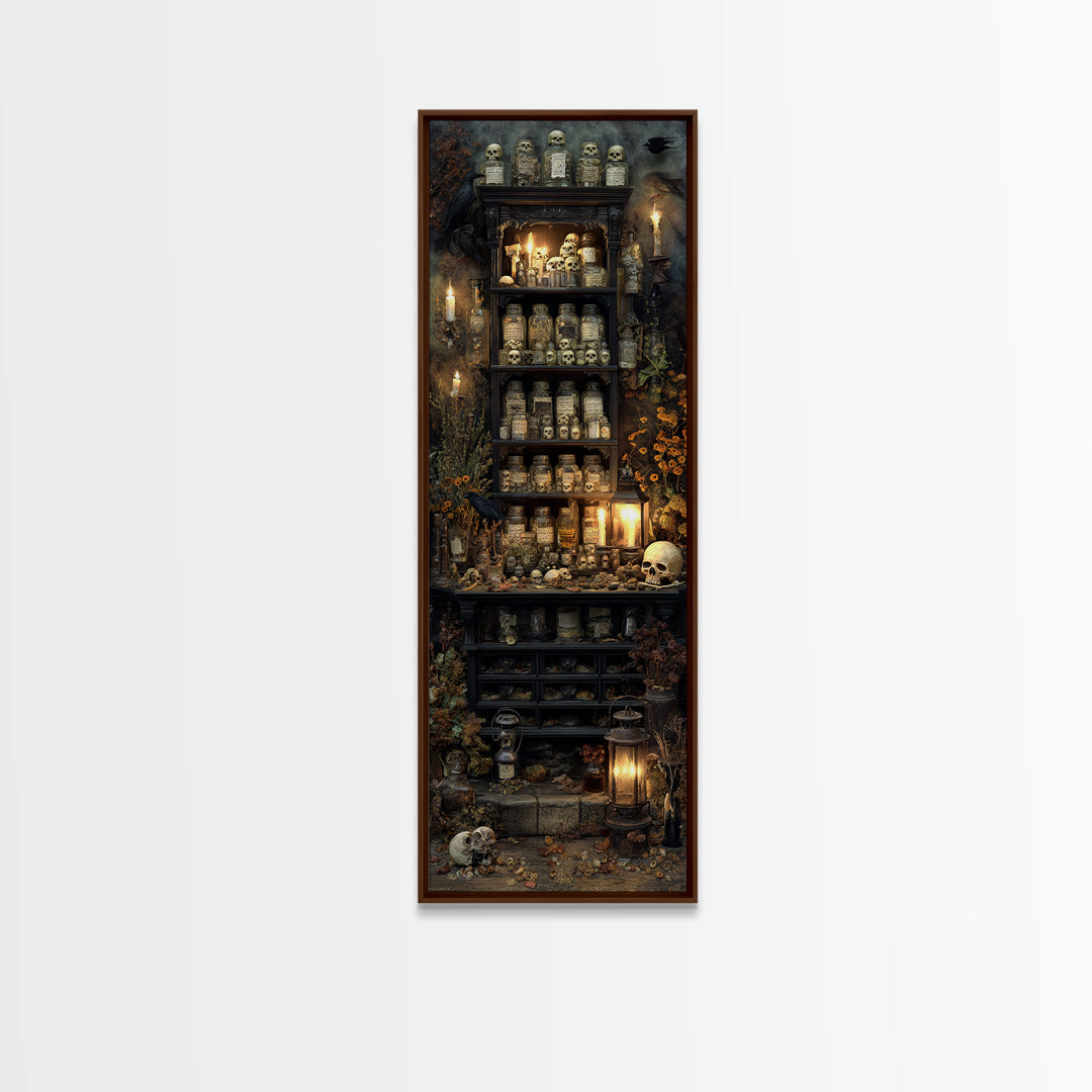 The Candlelit Skull Apothecary - Occult Still Life, Halloween Wall Art, Tall Narrow Wall Art, Framed Canvas Print, Halloween Home Decor