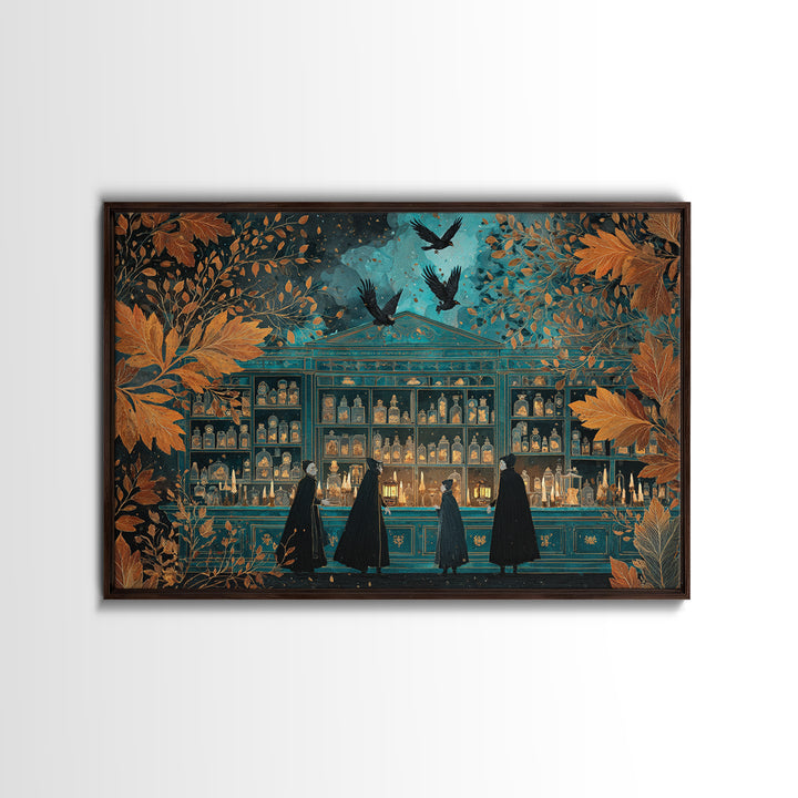 The Candlelit Skull Apothecary - Procession Scene, Spooky Wall Decor, Landscape Wall Art, Framed Canvas Print, Halloween Home Decor