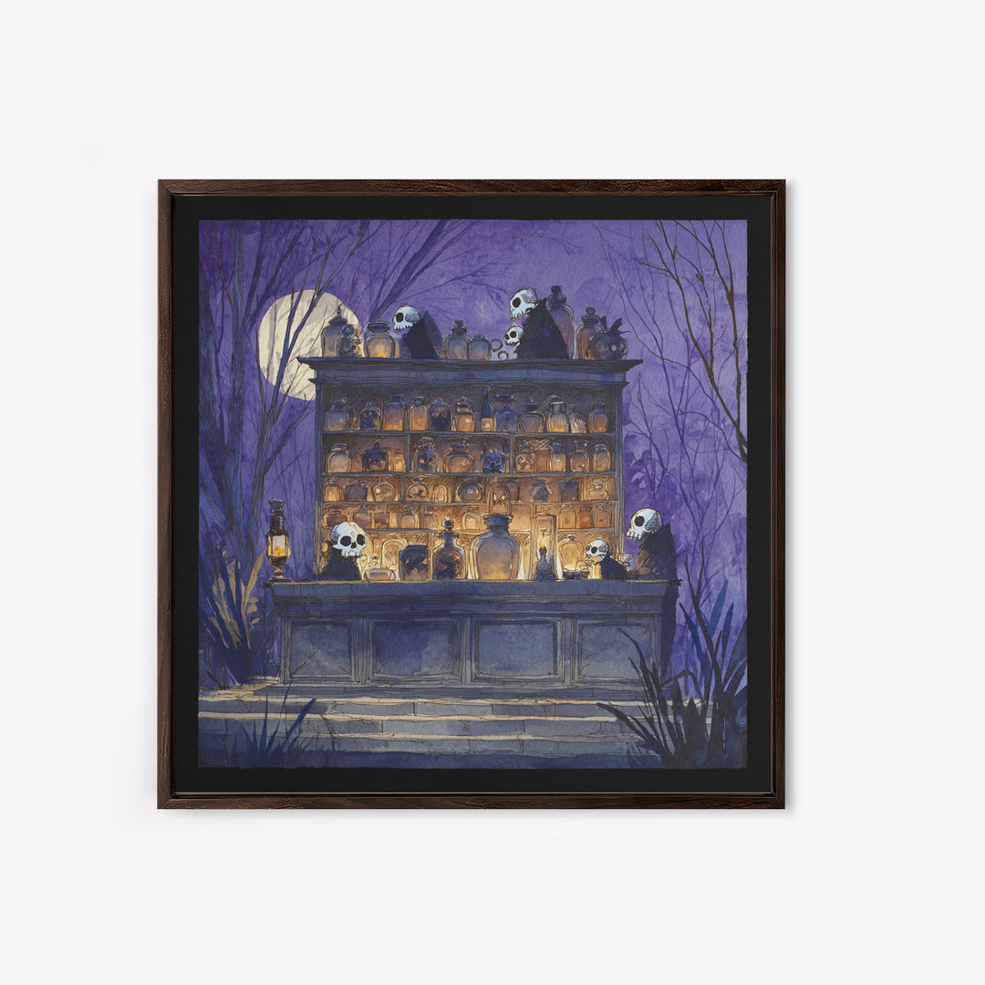 The Candlelit Skull Apothecary - Procession Scene, Macabre Halloween Art, Square Wall Art, Framed Canvas Print, Halloween Home Decor