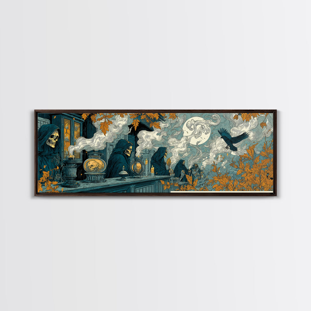 The Candlelit Skull Apothecary - Procession Scene, Macabre Halloween Art, Extra Wide Wall Art, Framed Canvas Print, Halloween Home Decor