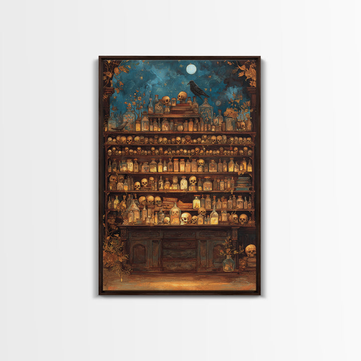 The Candlelit Skull Apothecary - Surreal Celestial Vision, Spooky Wall Decor, Vertical Wall Art, Framed Canvas Print, Halloween Home Decor