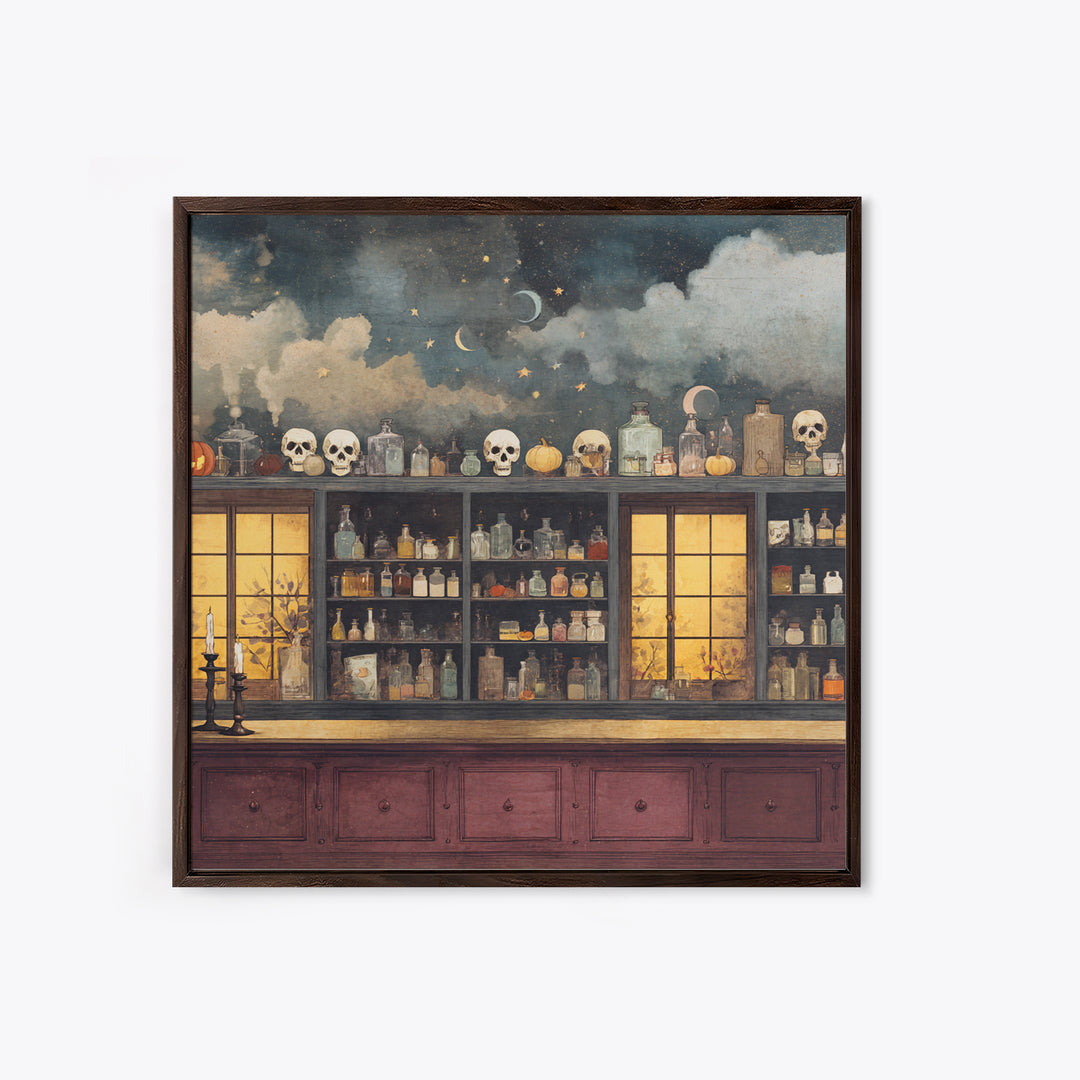 The Candlelit Skull Apothecary - Surreal Celestial Vision, Macabre Halloween Art, Square Wall Art, Framed Canvas Print, Halloween Home Decor