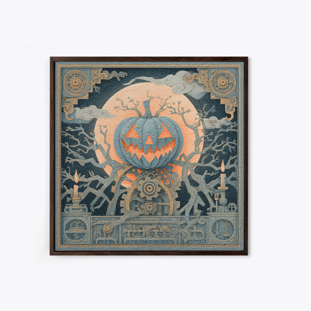 The Clockwork Jack-O-Lantern - Icon Portrait, Macabre Halloween Art, Square Wall Art, Framed Canvas Print, Halloween Home Decor