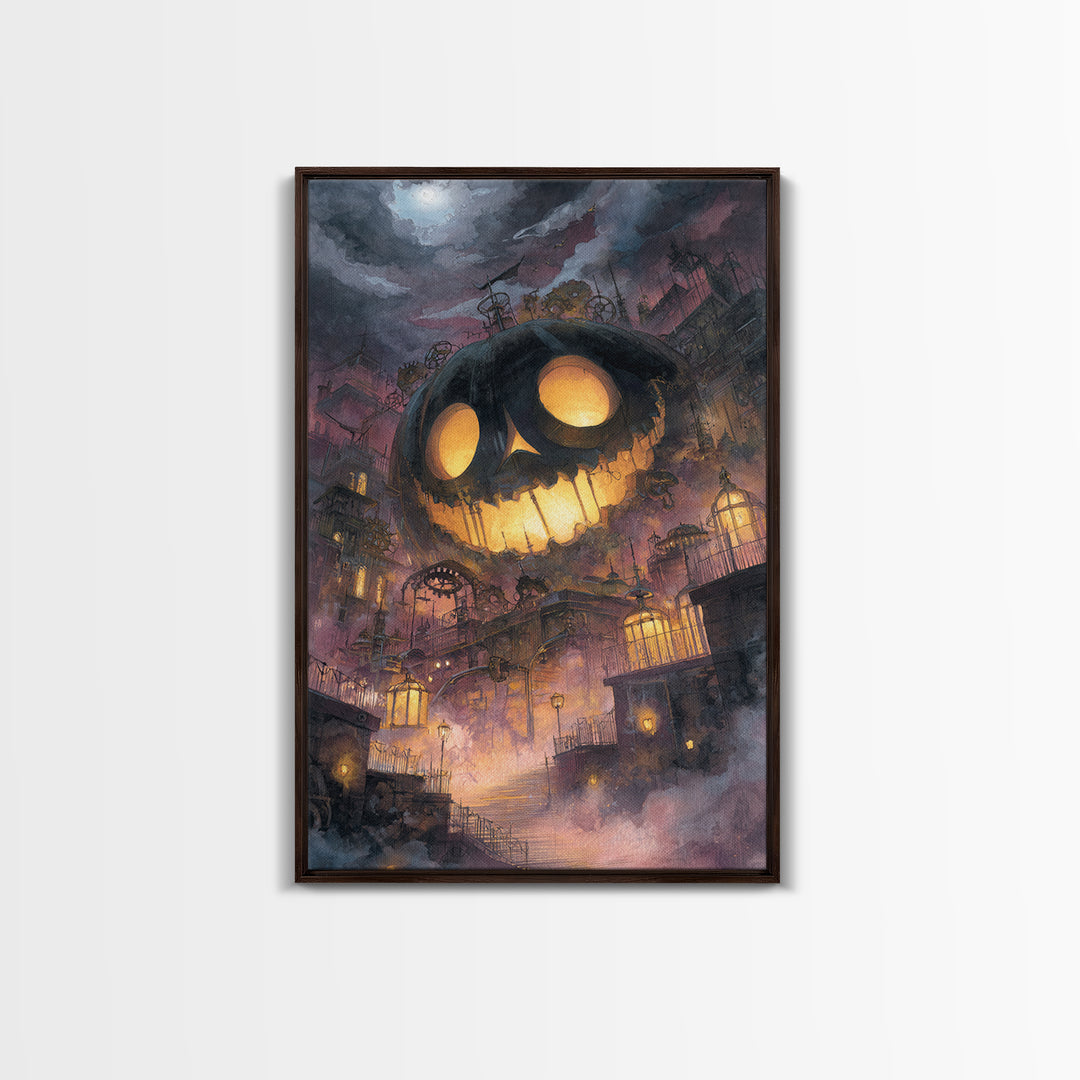 The Clockwork Jack-O-Lantern - Environmental Panorama, Macabre Halloween Art, Vertical Wall Art, Framed Canvas Print, Halloween Home Decor