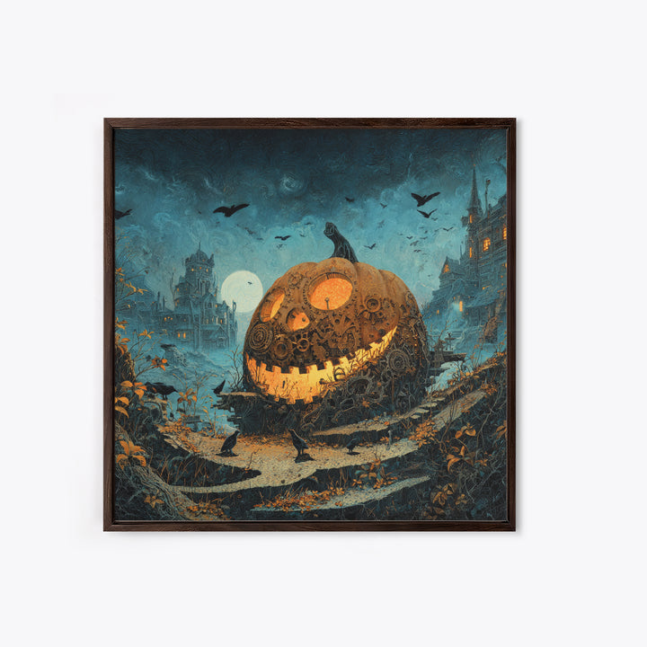 The Clockwork Jack-O-Lantern - Environmental Panorama, Macabre Halloween Art, Square Wall Art, Framed Canvas Print, Halloween Home Decor