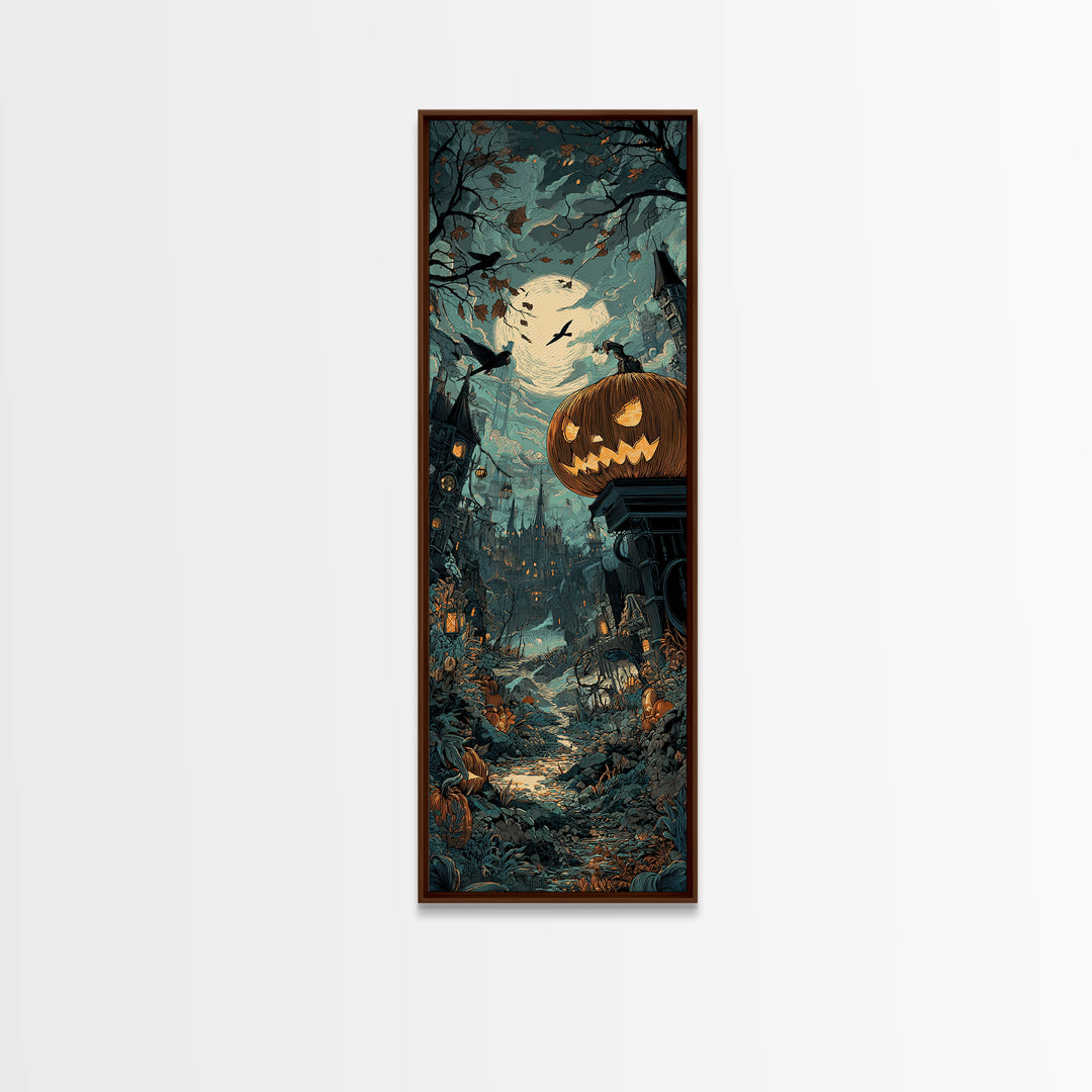 The Clockwork Jack-O-Lantern - Environmental Panorama, Dark Fantasy Wall Art, Tall Narrow Wall Art, Canvas Print, Halloween Home Decor