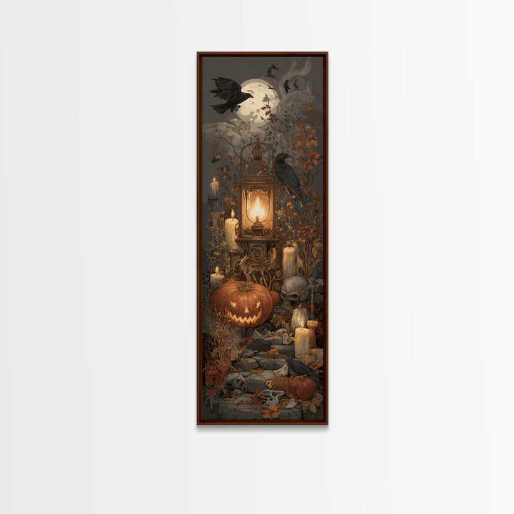The Clockwork Jack-O-Lantern - Occult Still Life, Halloween Wall Art, Tall Narrow Wall Art, Framed Canvas Print, Halloween Home Decor