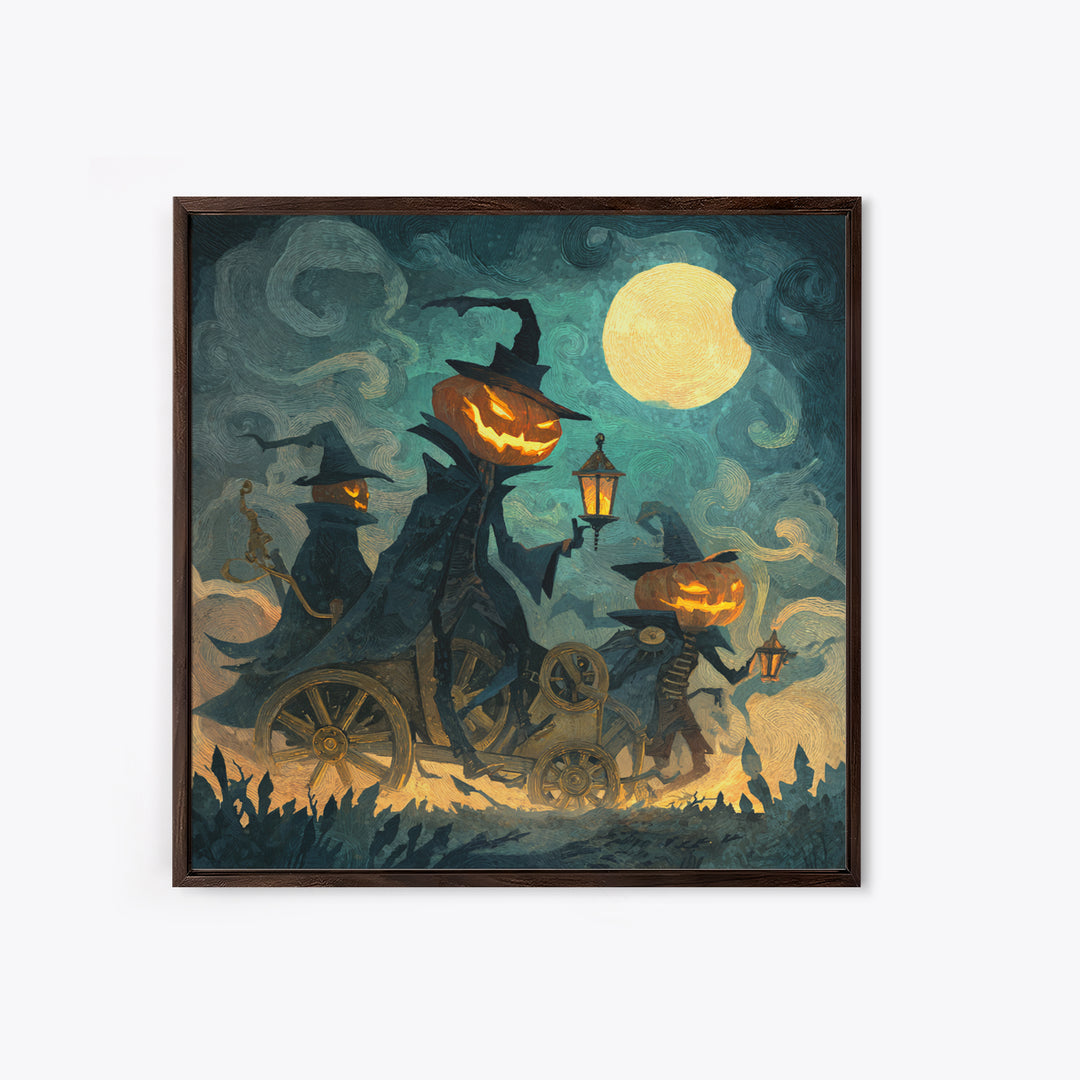 The Clockwork Jack-O-Lantern - Procession Scene, Spooky Wall Decor, Square Wall Art, Framed Canvas Print, Halloween Home Decor