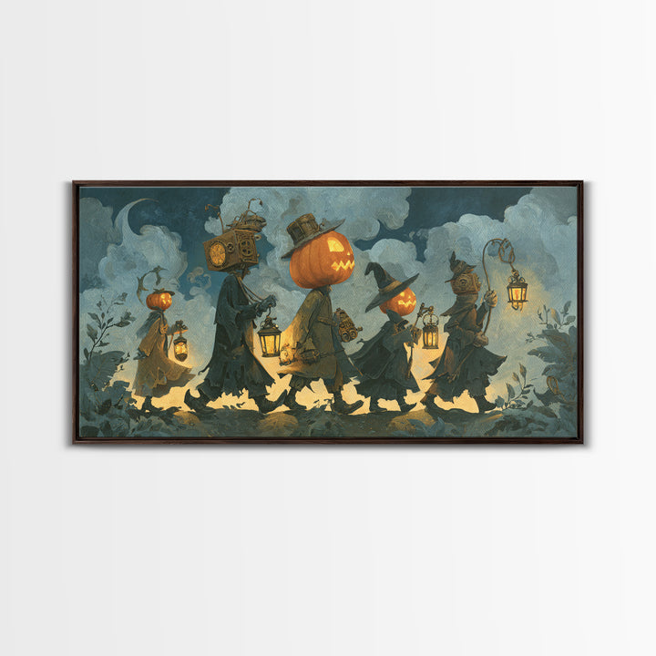 The Clockwork Jack-O-Lantern - Procession Scene, Gothic Home Decor, Wide Panoramic Art, Canvas Print, Halloween Home Decor, Gothic Wall Art