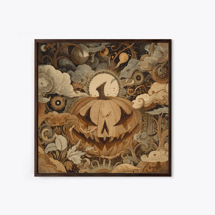 The Clockwork Jack-O-Lantern - Surreal Celestial Vision, Spooky Wall Decor, Square Wall Art, Framed Canvas Print, Halloween Home Decor