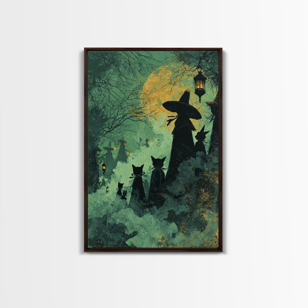 The Moonlit Cat Masquerade - Icon Portrait, Spooky Wall Decor, Vertical Wall Art, Framed Canvas Print, Halloween Home Decor, Gothic Wall Art