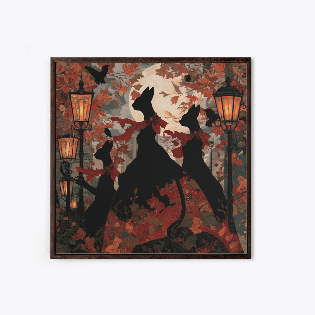 The Moonlit Cat Masquerade - Icon Portrait, Macabre Halloween Art, Square Wall Art, Framed Canvas Print, Halloween Home Decor