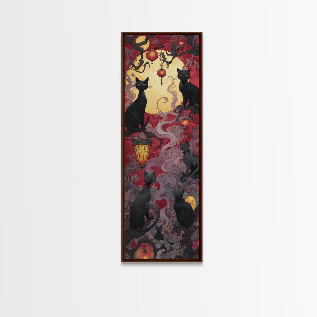 The Moonlit Cat Masquerade - Icon Portrait, Occult Wall Decor, Tall Narrow Wall Art, Canvas Print, Halloween Home Decor, Gothic Wall Art