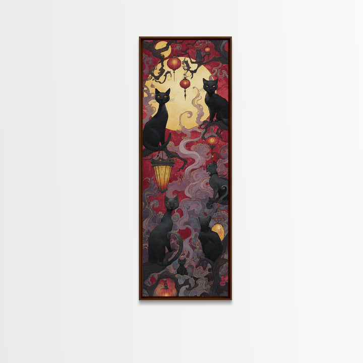 The Moonlit Cat Masquerade - Icon Portrait, Occult Wall Decor, Tall Narrow Wall Art, Canvas Print, Halloween Home Decor, Gothic Wall Art