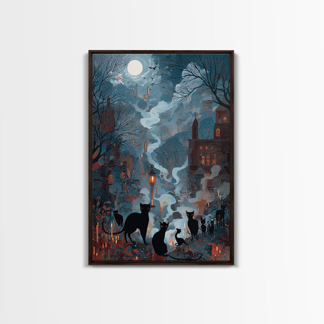 The Moonlit Cat Masquerade - Environmental Panorama, Dark Fantasy Wall Art, Vertical Wall Art, Canvas Print, Halloween Home Decor
