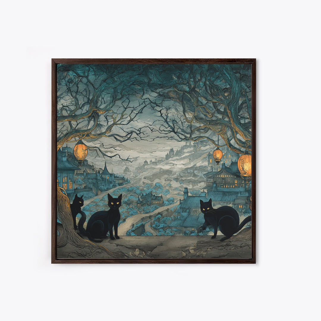 The Moonlit Cat Masquerade - Environmental Panorama, Spooky Wall Decor, Square Wall Art, Framed Canvas Print, Halloween Home Decor