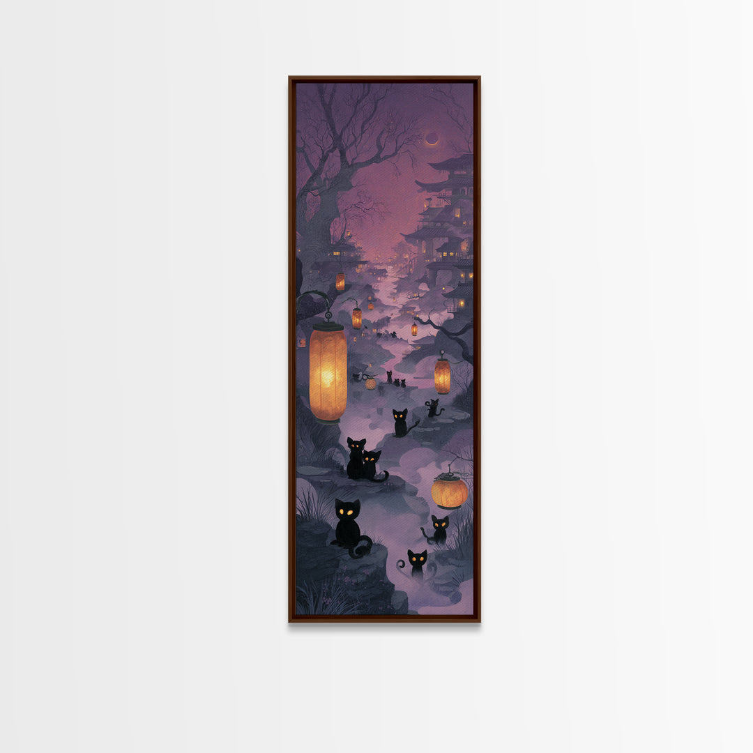 The Moonlit Cat Masquerade - Environmental Panorama, Macabre Halloween Art, Tall Narrow Wall Art, Framed Canvas Print, Halloween Home Decor