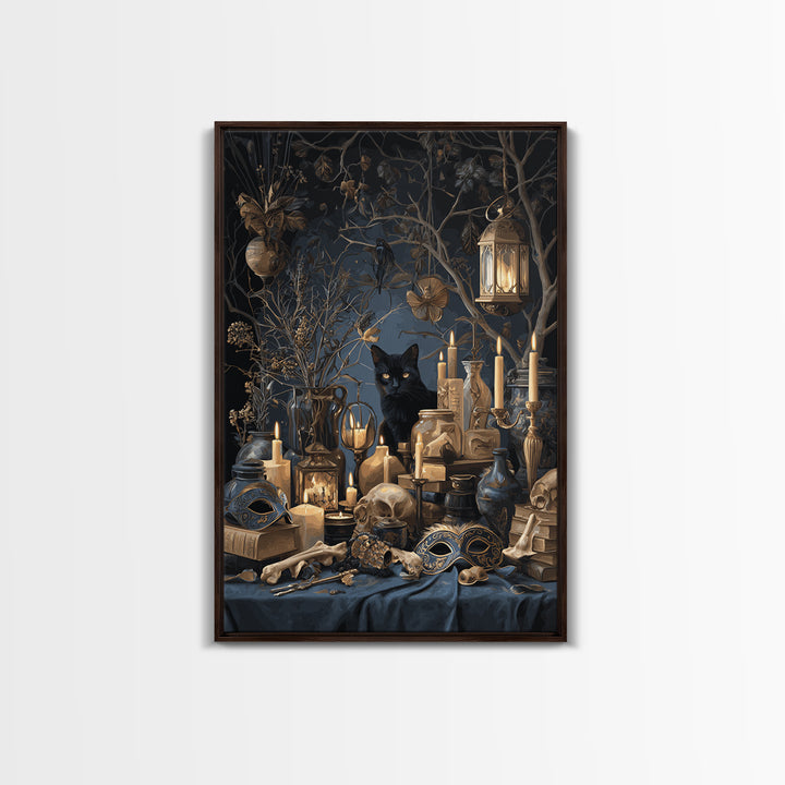 The Moonlit Cat Masquerade - Occult Still Life, Halloween Wall Art, Vertical Wall Art, Framed Canvas Print, Halloween Home Decor