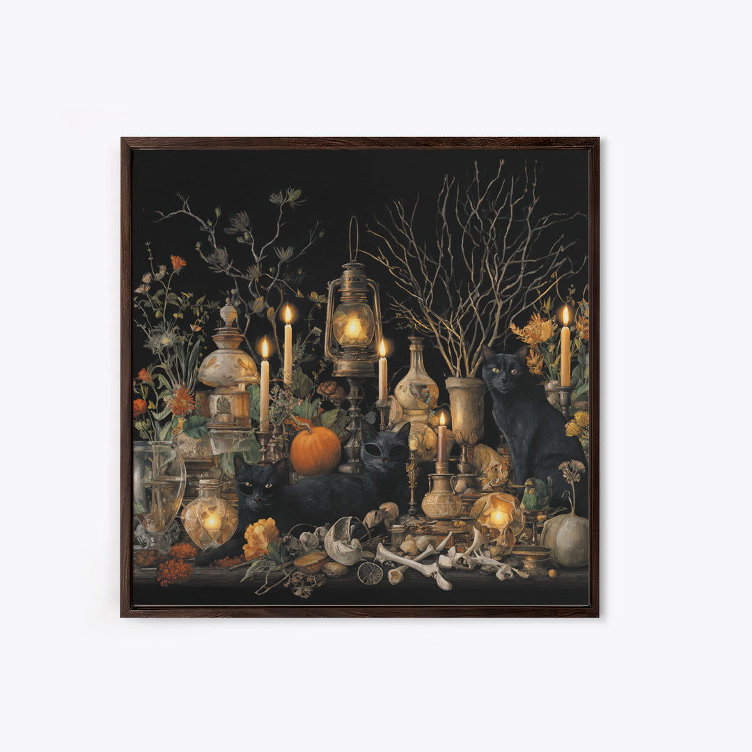 The Moonlit Cat Masquerade - Occult Still Life, Dark Fantasy Wall Art, Square Wall Art, Canvas Print, Halloween Home Decor, Gothic Wall Art