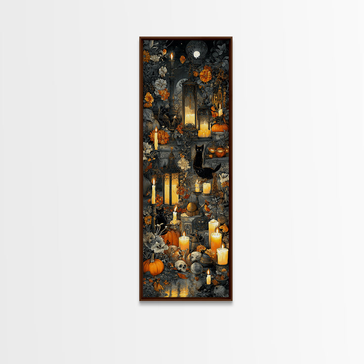 The Moonlit Cat Masquerade - Occult Still Life, Gothic Home Decor, Tall Narrow Wall Art, Canvas Print, Halloween Home Decor, Gothic Wall Art