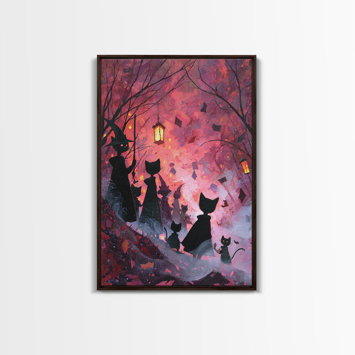 The Moonlit Cat Masquerade - Procession Scene, Macabre Halloween Art, Vertical Wall Art, Framed Canvas Print, Halloween Home Decor
