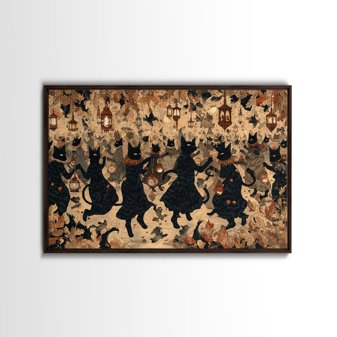 The Moonlit Cat Masquerade - Procession Scene, Dark Fantasy Wall Art, Landscape Wall Art, Canvas Print, Halloween Home Decor