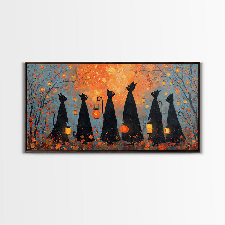 The Moonlit Cat Masquerade - Procession Scene, Spooky Wall Decor, Wide Panoramic Art, Framed Canvas Print, Halloween Home Decor
