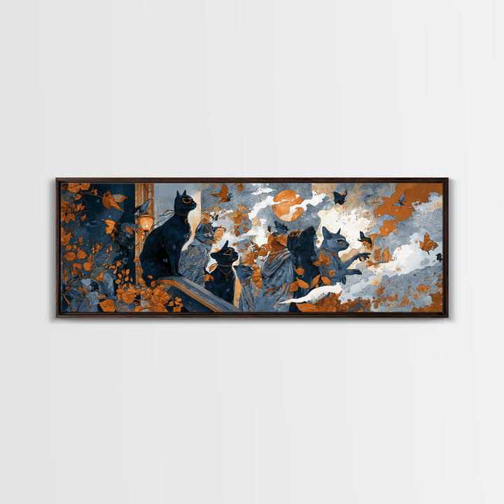 The Moonlit Cat Masquerade - Procession Scene, Halloween Wall Art, Extra Wide Wall Art, Framed Canvas Print, Halloween Home Decor