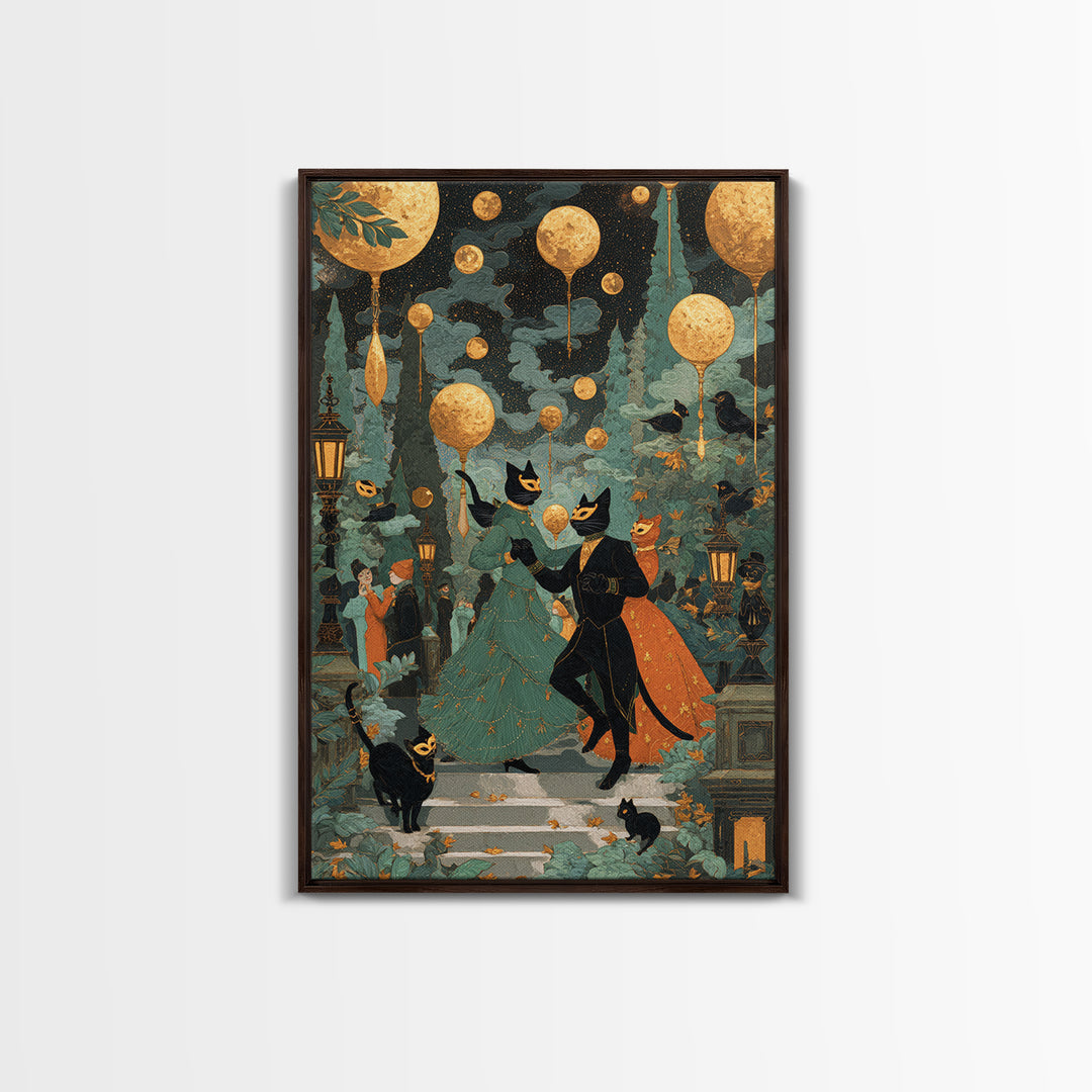 The Moonlit Cat Masquerade - Surreal Celestial Vision, Spooky Wall Decor, Vertical Wall Art, Framed Canvas Print, Halloween Home Decor